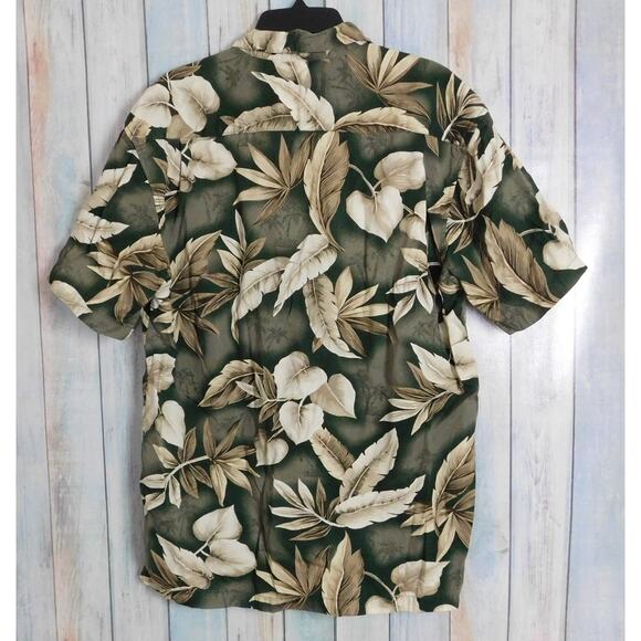 Vintage Men Hawaiian Shirt XL Green Tan Leaves Short Sleeve Button Down - Picture 5 of 8